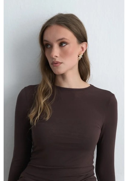 Bisiklet Yaka Kaşmir Bluz - Kahverengi modelleri