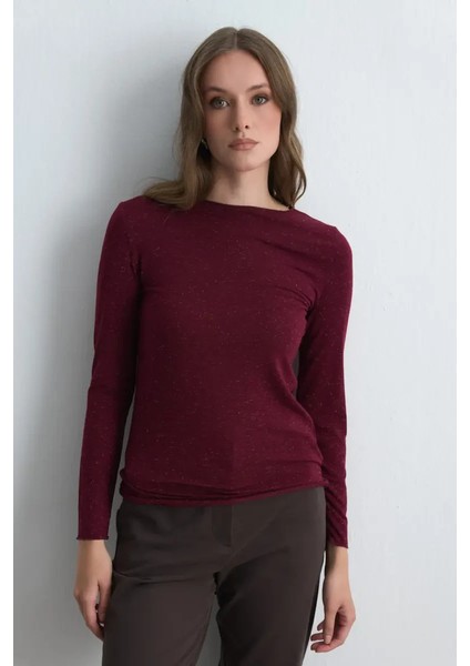 Kayık Yaka Kaşmir Simli Bluz - Bordo