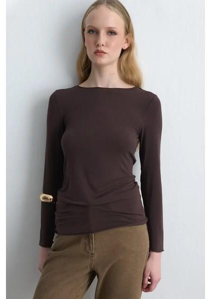 Kayık Yaka Kaşmir Bluz - Kahverengi fırsatları
