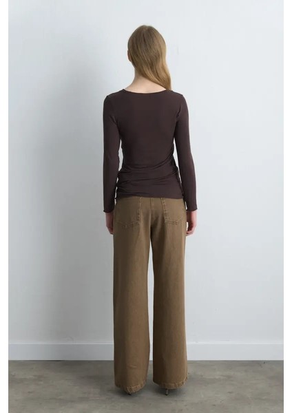 Kayık Yaka Kaşmir Bluz - Kahverengi indirimleri