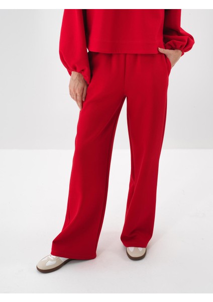Kadın Kırmızı Pamuk Dokulu Oversize Sweat Pantolon