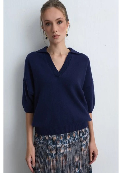 Polo Yaka Yün Triko - Lacivert