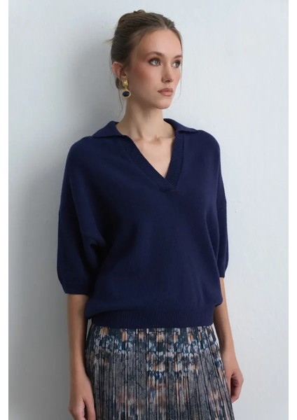 Polo Yaka Yün Triko - Lacivert indirimleri