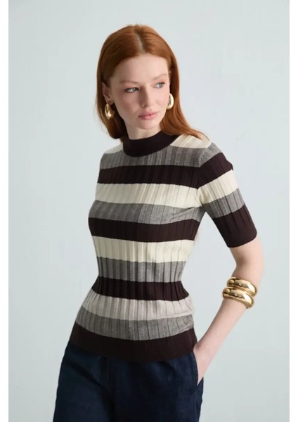 Çizgili Yarım Kollu Triko Bluz - Kahverengi fırsatları
