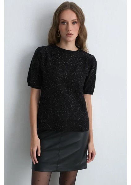 Pullu Kısa Kollu Triko Bluz - Siyah