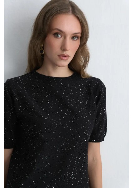 Pullu Kısa Kollu Triko Bluz - Siyah fırsatları