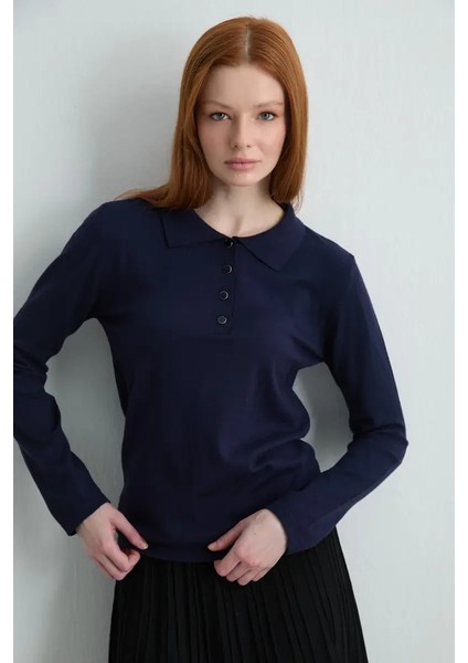 Polo Yaka Düğmeli Triko Bluz - Lacivert
