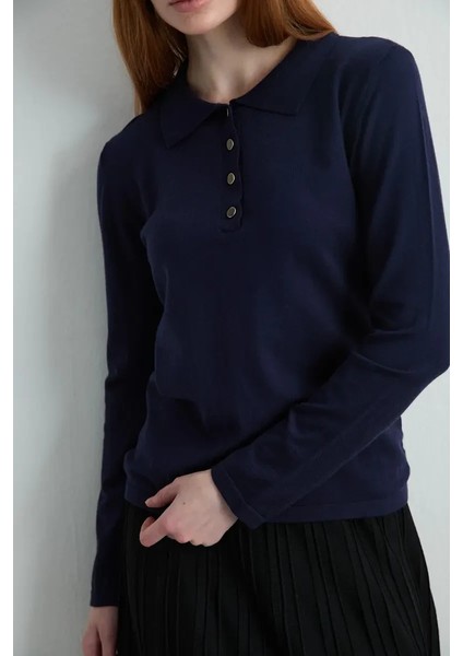 Polo Yaka Düğmeli Triko Bluz - Lacivert modelleri