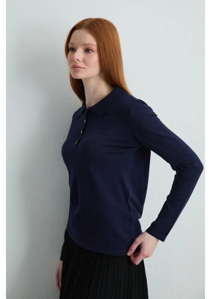 Polo Yaka Düğmeli Triko Bluz - Lacivert fırsatları