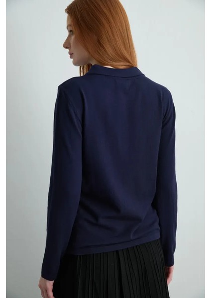 Polo Yaka Düğmeli Triko Bluz - Lacivert indirimleri