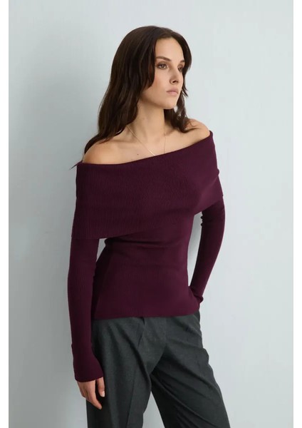 Madonna Yaka Triko Bluz - Mürdüm