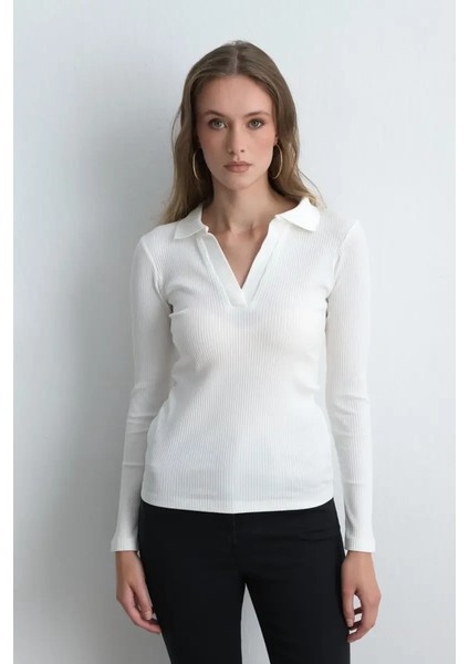 Polo Yakalı Pamuk Örme Bluz - Ekru