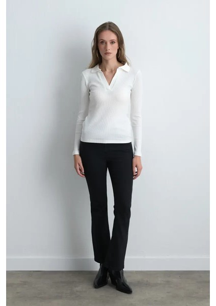 Polo Yakalı Pamuk Örme Bluz - Ekru fiyatları