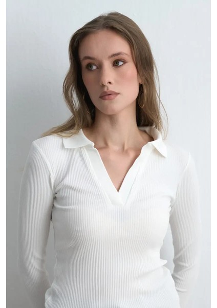 Polo Yakalı Pamuk Örme Bluz - Ekru modelleri