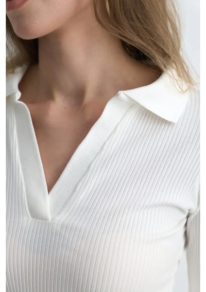 Polo Yakalı Pamuk Örme Bluz - Ekru fırsatları