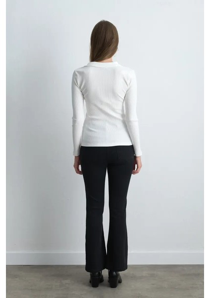 Polo Yakalı Pamuk Örme Bluz - Ekru indirimleri