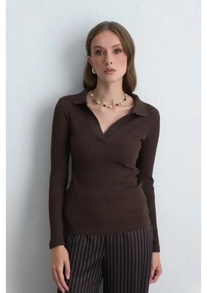 Polo Yakalı Pamuk Örme Bluz - Kahverengi