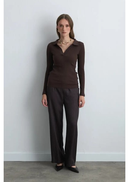 Polo Yakalı Pamuk Örme Bluz - Kahverengi fiyatları