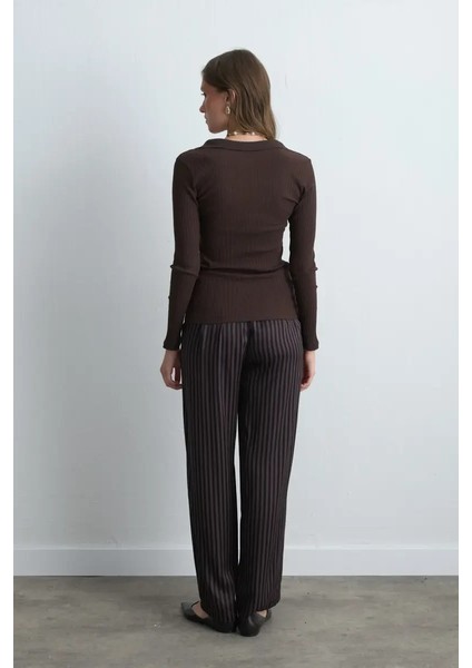 Polo Yakalı Pamuk Örme Bluz - Kahverengi modelleri