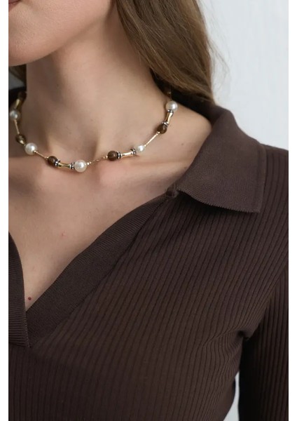 Polo Yakalı Pamuk Örme Bluz - Kahverengi fırsatları