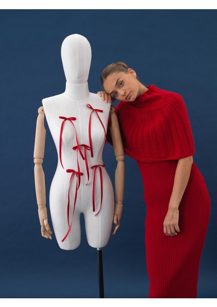 Kadın Kırmızı Doğal Yün Dokulu Regular Fit Elbise