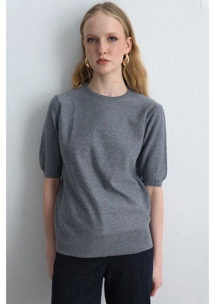 Pullu Kısa Kollu Triko Bluz - Gri modelleri