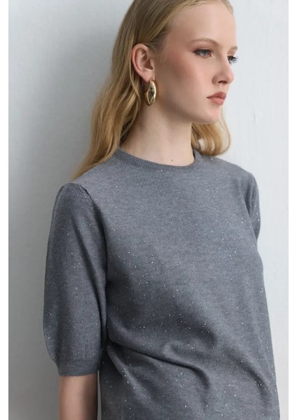 Pullu Kısa Kollu Triko Bluz - Gri indirimleri