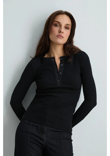 Düğmeli Yuvarlak Yaka Pamuk Ribana Bluz - Siyah modelleri