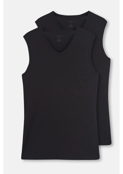 1070 Erkek 2'li Kolsuz V Yaka Fanila-Siyah