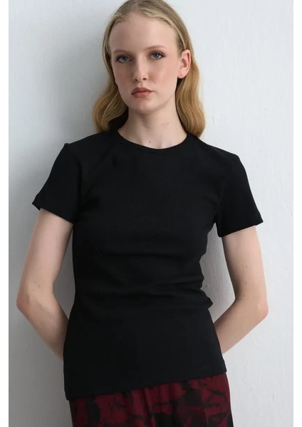 Kısa Kollu Basic Pamuk Tshirt - Siyah