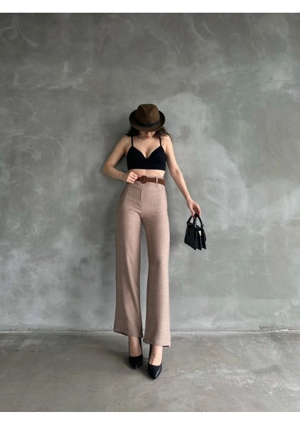 Beli Kemerli Keten Pantolon - Kahve fiyatları