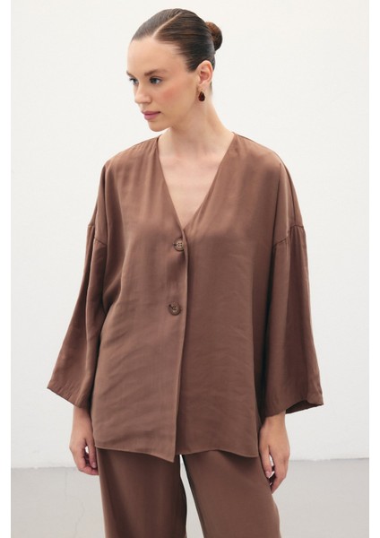 Düğmeli Kimono - Kahve modelleri