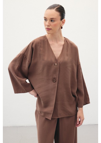 Düğmeli Kimono - Kahve indirimleri