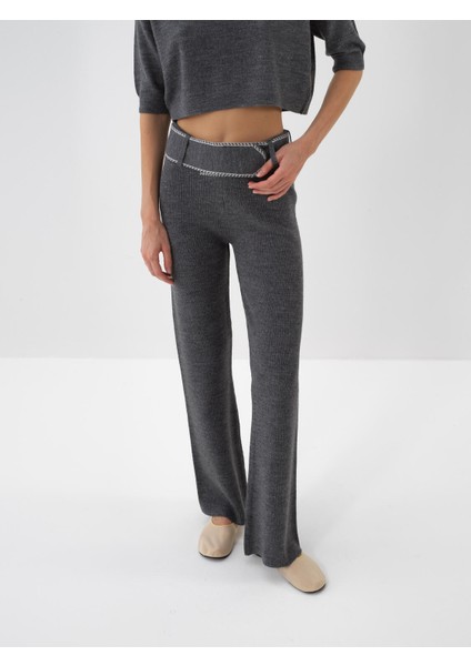 Kadın Antrasit Doğal Yün Dokulu Regular Fit Pantolon