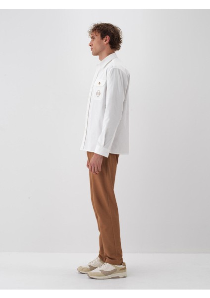 Erkek Ekru Pamuk Dokulu Regular Fit Gömlek