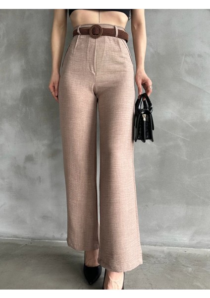Beli Kemerli Keten Pantolon - Kahve fırsatları