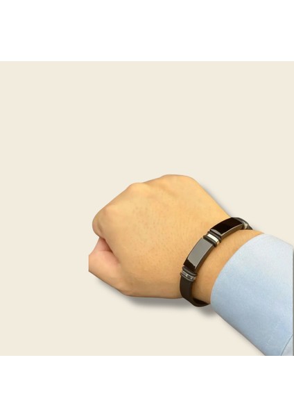 Modern Erkek Siyah Çelik Bileklik / Minimalist Metal Detaylı Spor Şık Bilezik