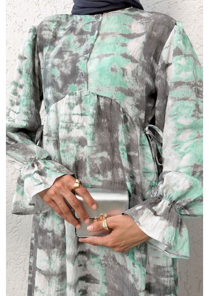 Yandan Bağcık Detaylı Kolları Lastikli Uzun Elbise indirimleri