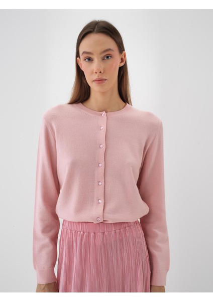 Kadın Pembe Doğal Yün Dokulu Regular Fit Hırka