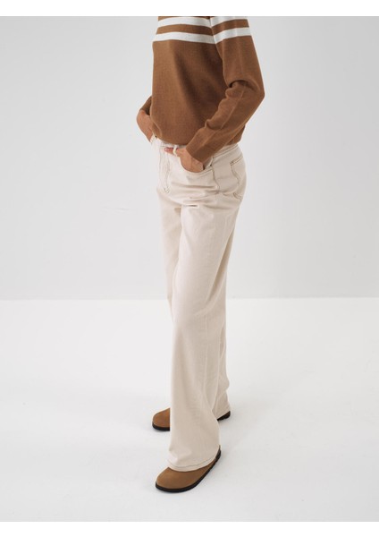 Kadın Ekru Pamuk Dokulu Oversize Pantolon indirimleri