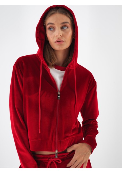 Kadın Kırmızı Lüks Dokulu Soft Kadife Regular Fit Sweatmont