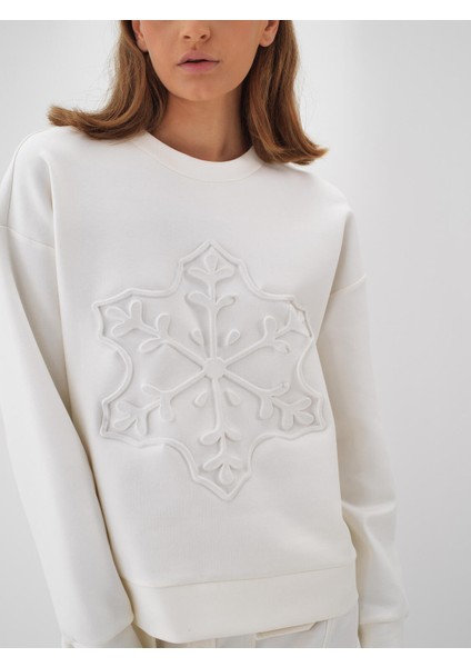 Kadın Ekru Pamuk Dokulu Oversize Sweatshirt indirimleri