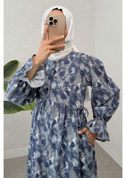 Yandan Bağcık Detaylı Kolları Lastikli Uzun Elbise modelleri