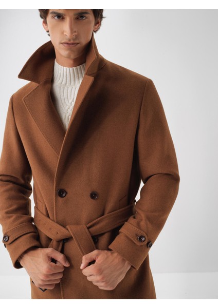Erkek Camel Doğal Yün Dokulu Regular Fit Kaban indirimleri