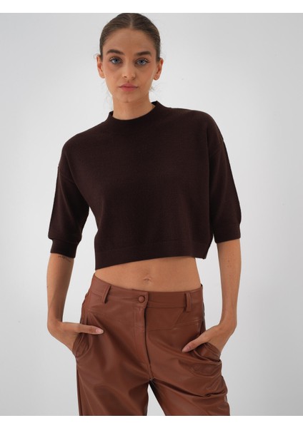 Kadın Kahverengi Doğal Yün Dokulu Oversize Kazak