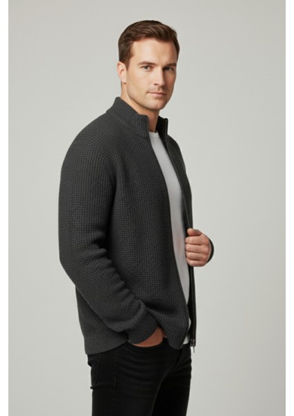 Erkek Hırka Fermuarlı Regular Fit Yarım Balıkçı Yaka Antrasit Triko Ceket Normal Kesim Waffle