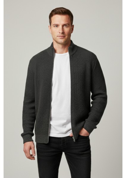 Erkek Hırka Fermuarlı Regular Fit Yarım Balıkçı Yaka Antrasit Triko Ceket Normal Kesim Waffle fırsatları