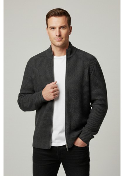 Erkek Hırka Fermuarlı Regular Fit Yarım Balıkçı Yaka Antrasit Triko Ceket Normal Kesim Waffle modelleri
