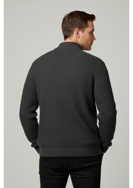 Erkek Hırka Fermuarlı Regular Fit Yarım Balıkçı Yaka Antrasit Triko Ceket Normal Kesim Waffle