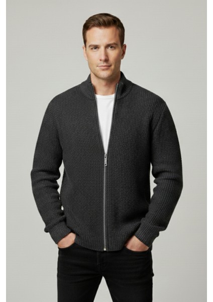 Erkek Hırka Fermuarlı Regular Fit Yarım Balıkçı Yaka Antrasit Triko Ceket Normal Kesim Waffle